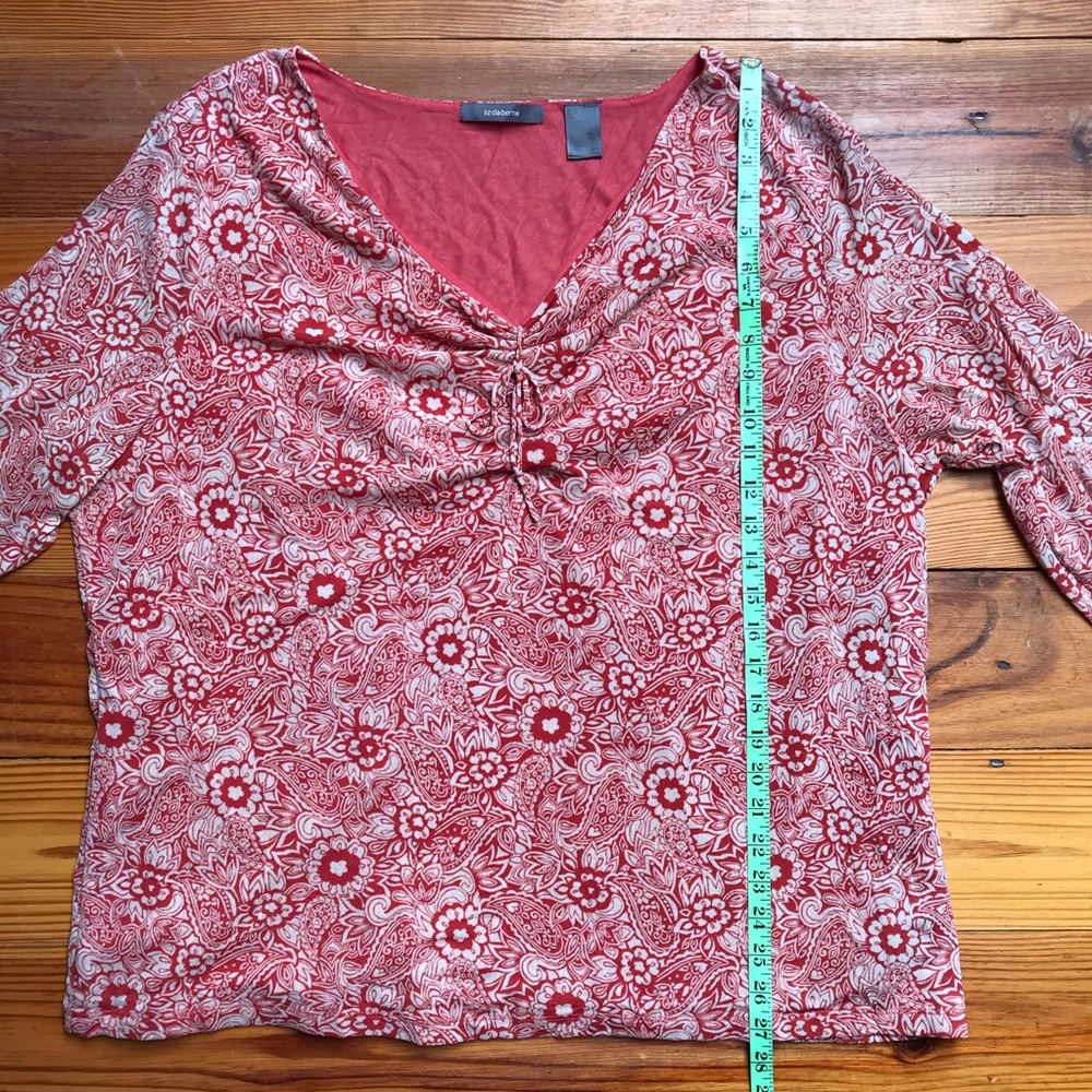 Liz Claiborne Red White Mesh 3/4 Length V-Neck Blouse, EUC, 3X - Picture 9 of 14